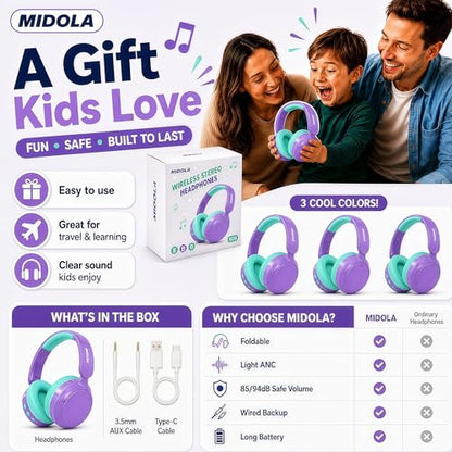 MIDOLA Kids Bluetooth Headphones Wireless,ANC,68H,Safe Volume Limit 85/94dB | Active Noise Cancelling,Adjustable Headband Foldable Over-Ear for Toddler Girls Boys Tablet/iPad,HD Stereo,Built Mic,Purple - color: Purple