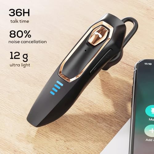 Bluetooth Headset V5.4，Bluetooth Earpiece with Micros, Noise Cancelling Hands Free Bluetooth Headset for Cell Phone with 36H Talking Time/Mute Function, Single Ear Wireless Headphone for Truck Driver