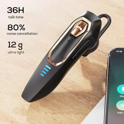 Bluetooth Headset V5.4，Bluetooth Earpiece with Micros, Noise Cancelling Hands Free Bluetooth Headset for Cell Phone with 36H Talking Time/Mute Function, Single Ear Wireless Headphone for Truck Driver