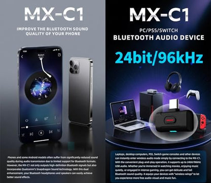 KGUSS xDuoo MX-C1 Hi-Res Bluetooth 5.4 Transmitter USB-C - Support SBC/aptX/aptX HD/aptX Adaptive/LE-AUDIO/LC3/aptx Lite, Low Latency Bluetooth Adapter for PC/Phone/Tablets/PS5/Switch