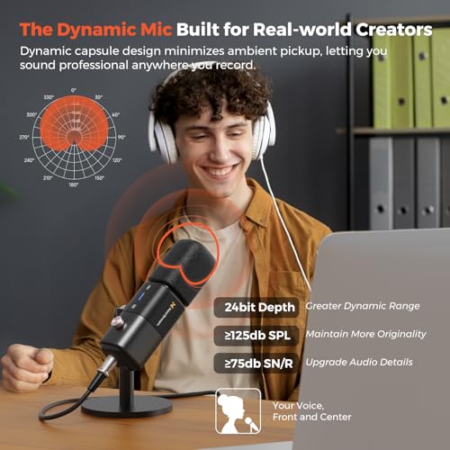 AM15X Dynamic Microphone for PC with USB/XLR, Noise Cancellation | 24-Bit/48kHz Audio, Headphone Monitoring, Mute, Gain Control and Desk Stand for Podcasting, Streaming & Gaming