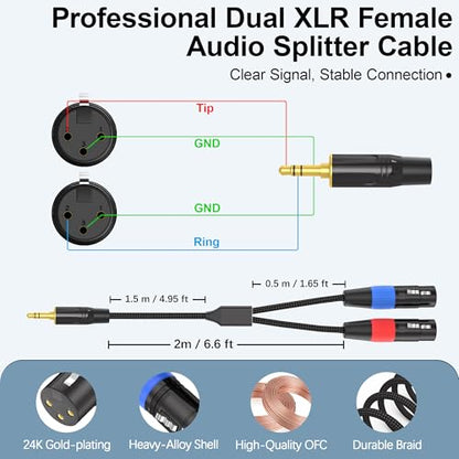 HOSONGIN 3.5mm TRS to Dual XLR Female Cable 6FT, Braided Stereo Audio Splitter for Podcast, DSLR Camera, Mic, Mixer, Interface – Durable Nylon, Noise-Free, Left/Right Channel Adapter Cord