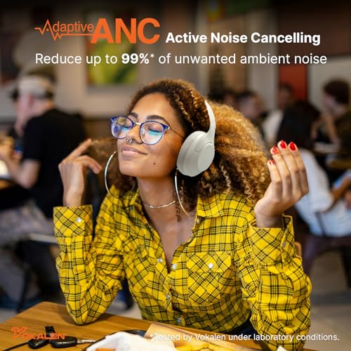 VOKALEN Hyper Pro Adaptive Active Noise Cancelling Headphones, Wireless Bluetooth Over Ear Headphones with mic, 60H Playtime, Comfort Fit Mesh Ear Cushions, Deep Bass Hi-Res Audio (Pro, Ivory White) - color: Ivory White, style: Pro