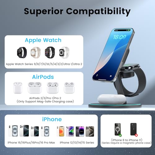 3-in-1 Charging Station, 2X Faster 15W Wireless Charging Station for iPhone 16/15/14/13/12, for Apple Watch, AirPods, Magnetic Wireless Charger with Sleep Friendly Light (Black)