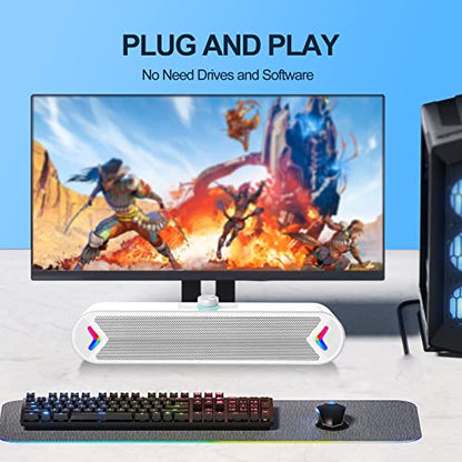 LENRUE Computer Speakers,PC Speakers for Desktop,Wired USB-Powered Sound-bar for Computer with 10W Stereo Sound and Colorful Light,Plug-n-Play (White-AUX) - color: AUX-White