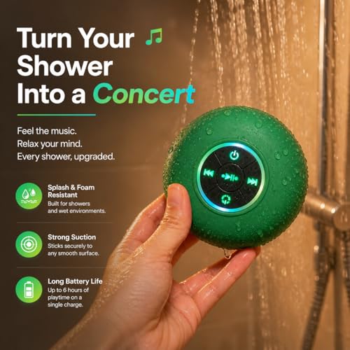 Bluetooth Shower Speaker with LED – Portable Wireless Mini Speaker with Mic & Suction Cup, IPX4 Water Resistant for Shower, Travel, Pool, River Floating, and Outdoor Fun (Green) - color: Green