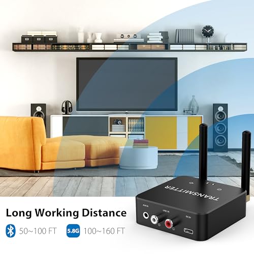 5.8GHz&5.2GHz Dual-Band Wireless Audio Transmitter Receiver for TV/PC, 160ft Long Range 0.018s Low Latency with Built-in 2.4G Bluetooth 5.3 Receiver, Wireless Adapter Kit with RCA(3.5mm) Out/Input - color: GT01-RCA