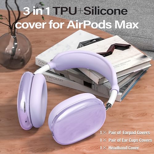 4 in 1 Set for AirPod Max Case Cover, Anti-Scratch Ear Pad Covers/Ear Cups Cover/Headband Cover, AirPod Max Covers Accessories for Apple AirPods Max (2020 Lightning /2024 USB-C)-Clear Purple - color: H-Purple