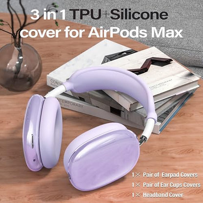 4 in 1 Set for AirPod Max Case Cover, Anti-Scratch Ear Pad Covers/Ear Cups Cover/Headband Cover, AirPod Max Covers Accessories for Apple AirPods Max (2020 Lightning /2024 USB-C)-Clear Purple - color: H-Purple