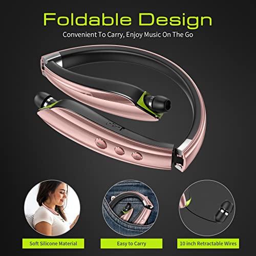 Bluetooth Headset, Neckband Bluetooth Headphones with Retractable Earbuds | Noise Cancelling Stereo Earphones with Mic, Foldable Wireless Headphones for Sports Office w/Carry Case, Rose Gold - color: Rose Gold