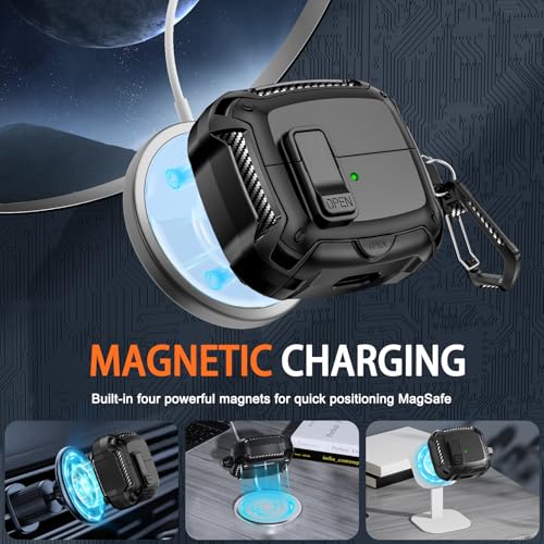 Safety Lock Case for Samsung Galaxy Buds3 FE/Pro/3 (Black) | Compatible with MagSafe, with Phone Stand& Cleaning kit,Keychain, - color: A-A-A-Black