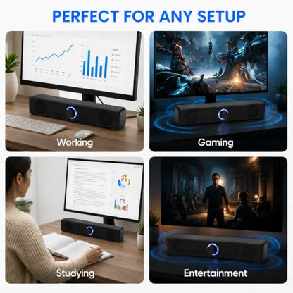 Computer Speakers USB Powered Wired Stereo with Illuminated Volume Knob and 3.5mm Aux Plug for PC Desktop Laptop Office with Clear Audio Easy Setup and Portable Design - color: Black