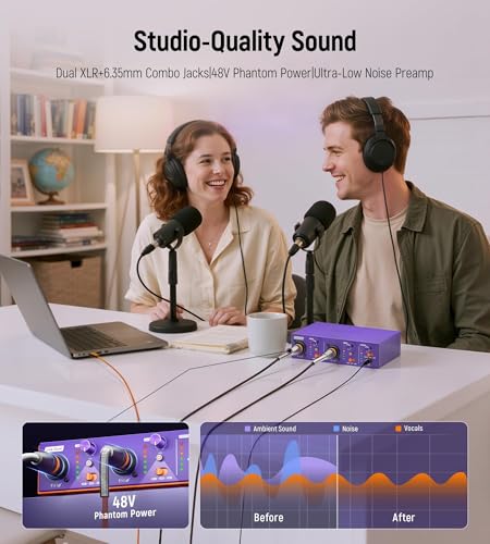 USB C Audio Interface for Recording Music, Streaming, Podcasting with Dual XLR, Line Input, 24bit/48kHz, 48V Phantom Power, 2-channel, Purple