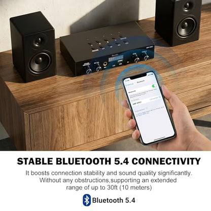 Herdio Bluetooth 5.4 Stereo Audio Amplifier Receiver - 60W Peak Power x 8 Channel with USB/TF/AUX/MIC Inputs, Bass/Treble Control, 4 Zone Independent Power Control for Multi-Room Home Audio System