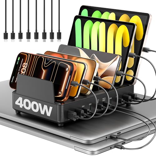 400W Charging Station for Multiple Devices, USB C Charger Organizer Dock | Dual 100W PD Ports, with 8 Cables,10 Port, 4 USB-A, 6USB-C, Compatible for MacBook iPhone iPad Laptop Cell Phone Tablet