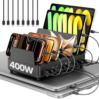 400W Charging Station for Multiple Devices, USB C Charger Organizer Dock | Dual 100W PD Ports, with 8 Cables,10 Port, 4 USB-A, 6USB-C, Compatible for MacBook iPhone iPad Laptop Cell Phone Tablet