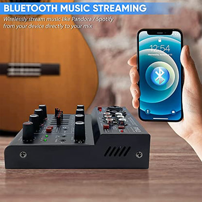 Pyle Professional Wireless DJ Audio Mixer - 4 Channel Bluetooth Controller Sound Mixer, USB Audio Interface, 2 Combo Jack XLR+6.35mm Mic/Line/Guitar in, 3.5mm, RCA AUX, Headphone Jack - PAD43MXUBT - size: 4