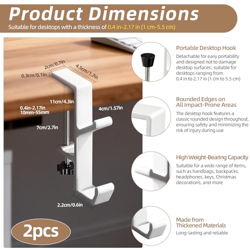 Desk Mount Bag Holder Hook Clamp, Bag Hook 2 Pcs-Double Hook White | Portable Purse Hook for Table, Reduce Desk Clutter, Desk Mount Headphones Holder, Backpack Hanger, Table Hanging Storage - color: 2 Pcs-Double Hook White