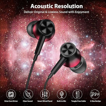 Jiunai Wired Earbuds 3.5mm Headphones in Ear Built-in Mic Red Black | Magnetic Noise Isolated Stereo Hands Free Wired Ear Buds for CD Player Laptop Airplanes Travel iPhone/iPad/Android School
