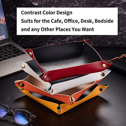 Faux Leather Valet Tray, Yellow + Navy Blue | Travel Nightstand Organizer, Small Jewelry Catchall, For Candy Key Phone Wallet Glasses Headphone Watch - color: Yellow + Navy Blue