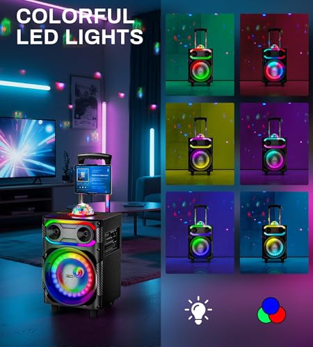 Karaoke Machine for Adults with 2 Wireless Microphones, BT PA System with Disco Ball LED Lights, Rolling Wheels, Tablet Holder, Remote Control, Support TWS/USB/AUX/TF/REC/FM for Home Parties