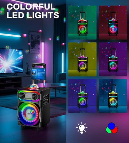 Karaoke Machine for Adults with 2 Wireless Microphones, BT PA System with Disco Ball LED Lights, Rolling Wheels, Tablet Holder, Remote Control, Support TWS/USB/AUX/TF/REC/FM for Home Parties