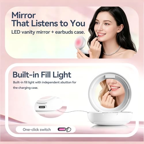 이어버드 블루투스 6.0의 오픈 이어 클립, LED 디스플레이 및 미러가 있는 파우더 컴팩트 케이스, 40H IPX6 오픈 이어 편안함, 작은 귀, 스포츠 및 일상 사용을 위한 가볍고 안전한 핏, 이상적인 선물(화이트 - color: 화이트.