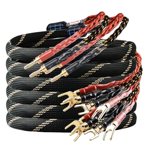9 AWG 2-Pack Speaker Cable with 2 Banana Plugs to 4 Spades Per Cable | 99.99% OFC Core, 24K Gold-Plated Plugs, Ferrite Cores, Speaker Wire with Connectors for Amplifiers, Home Theater, 4.92ft/1.5m - size: 9.84ft/3m