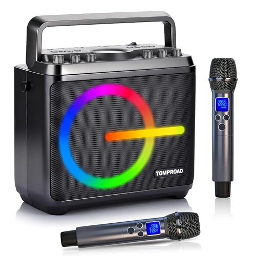 Karaoke Machine, Bluetooth Speaker with 2 Wireless Microphones, Portable Voice Amplifier PA System for Adults Kids with LED Lights Support Bass/Treble Adjustment, TF Card/USB, REC for Home Party
