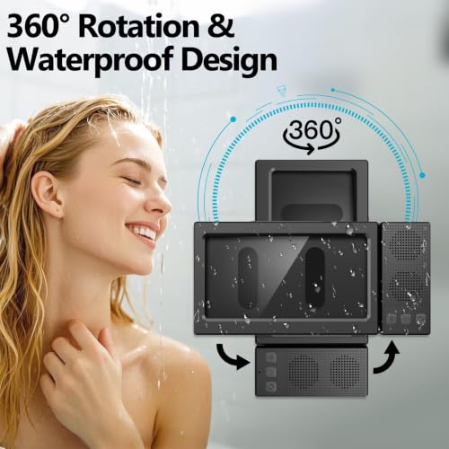 Shower Phone Holder with Wireless Bluetooth Speaker,- 480°Rotatable Retractable Adjustable Shower iPhone Case, Bathroom Wall Phone Stand Water Proof Anti Fog,Accessories for 4-7"Cellphones (Black)