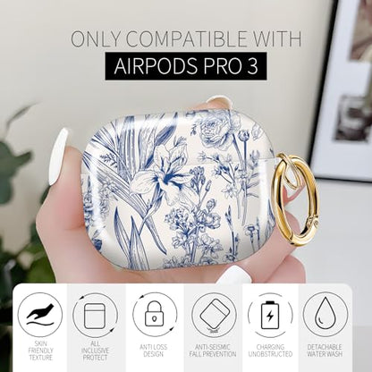 for AirPods Pro 3 Case (2025), Cute Cover Compatible with AirPod Pro 3rd Generation Shell with Rose Gold Keychain Earbuds Case for Women（Blue Flowers and Grass） - color: Blue flowers and grass