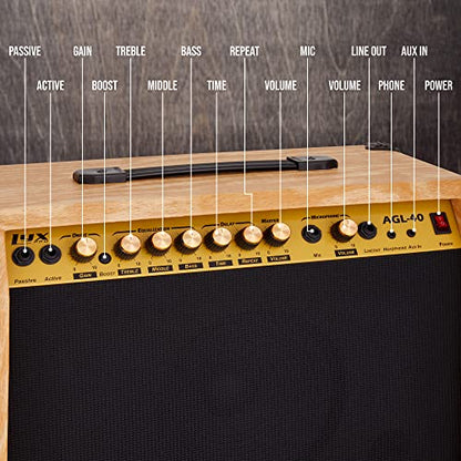 LyxPro 40 Watt Electric Guitar Amplifier | Solid State Studio Amp with 8” 4-Ohm Speaker, Custom EQ Controls, Drive, Delay, ¼” Passive/Active/Microphone Inputs, Aux in & Headphone Jack - Natural - color: Natural, size: 40 Watt