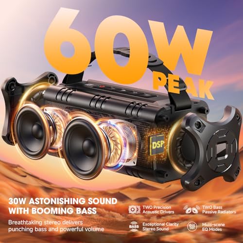 W-KING Portable Bluetooth Speaker Loud Wireless 60W Peak Waterproof Outdoor | IPX6 Rugged Floating Shower Boombox, 24H Playtime, EQ, 2 Pair, AUX TF USB Playback, 30W Powerful Bass for Party Camping Pool