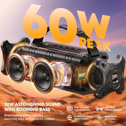 W-KING Portable Bluetooth Speaker Loud Wireless 60W Peak Waterproof Outdoor | IPX6 Rugged Floating Shower Boombox, 24H Playtime, EQ, 2 Pair, AUX TF USB Playback, 30W Powerful Bass for Party Camping Pool