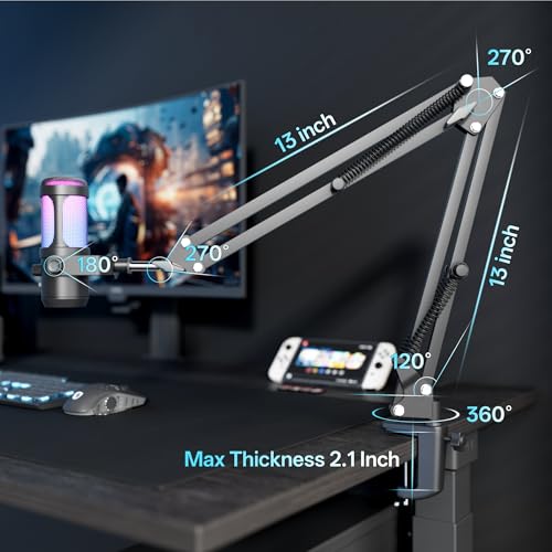 JARO USB Podcast Microphone with Boom Arm, Studio Condenser Mic with Real-Time Monitoring, Mute, Volume Control Ideal for Voice & Singing (Black) - color: Black