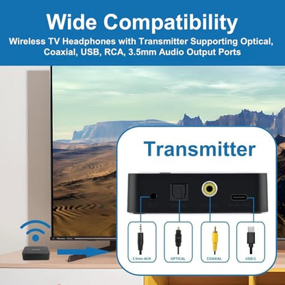Wireless ANC TV Headphones for Seniors - Active Noise Cancelling, Foldable Bluetooth 5.3 Over-Ear TV Headset with 5-in-1 Transmitter (Optical/Coaxial/USB/RCA/AUX), Hi-Fi Sound, 35H Playtime