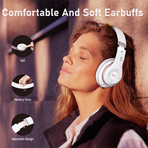 Bluetooth Headphones Over Ear, 6S Foldable Wireless Headphones with 6 EQ Modes, 40 Hours Playtime HiFi Stereo Headset with Mic, Soft Ear Pads, TF/FM for Cellphone/PC/Home (White & Rose Gold) - color: Rose Gold