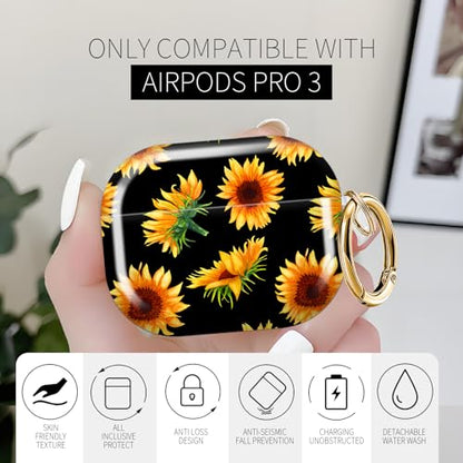 for AirPods Pro 3 Case (2025), Cute Cover Compatible with AirPod Pro 3rd Generation Shell with Rose Gold Keychain Earbuds Case for Women（Sunflower） - color: sunflower