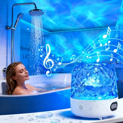 Shower Light with Bluetooth Speaker, Waterproof Shower Lamp with White Noise, 16 Colors Ocean Wave Projector Light with Remote & Touch Control, Music Lamps for Inside Shower Bathroom Bathtub - color: White