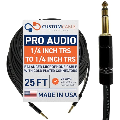 25 Foot Pro Audio REAN 1/4 inch (6.35mm) TRS to REAN 1/4 inch (6.35mm) TRS Balanced Cable with Rean NYS228BG Gold Plated connectors by Custom Cable Connection - size: 25 Foot, style: Male to Male (Black & Gold)