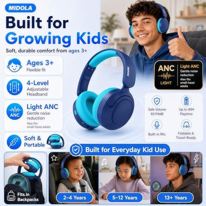 Kids Bluetooth Headphones Wireless,ANC,68H,Safe Volume Limit 85/94dB Blue | Adjustable Headband Foldable Over-Ear for Toddler Girls Boys Tablet/iPad,HD Stereo,Built-in Mic - color: Prussian Blue