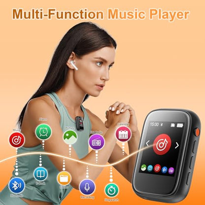 Portable Kids Mp3 Player with Clip on Back,Small Music Player with Bluetooth 5.3,Touch Screen,Biult-in Voice Record FM Radio,Micro SD Card Slot and Speaker for Outdoors Sports,Max 512GB Expand