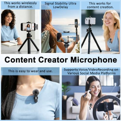 Wireless Lavalier Microphone for iPhone, iPad & Android Phone | Mini Lapel Mic with AI Noise Reduction for Video Recording Vlogging TikTok YouTube, Plug & Play Clip-on,for Content Creators