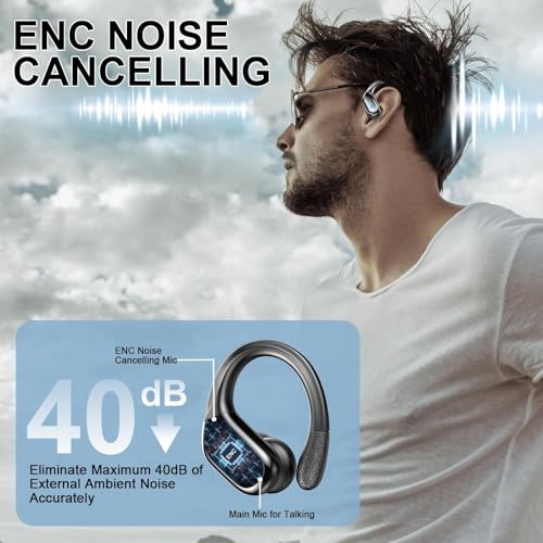 Wireless Earbuds, Sport Bluetooth 5.4 Headphones 2026 New Bluetooth Earbuds with 75Hrs Stereo, 4 ENC Mic, Noise Canceling Over-Ear Buds with Earhooks, IP7 Waterproof Earphones for Workout/Running/Gym - color: A-Black
