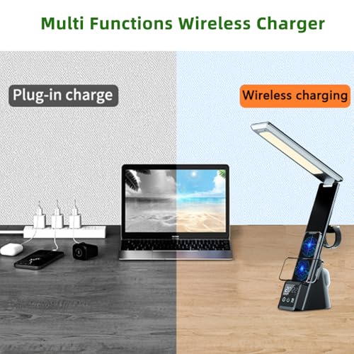 IHAO 6in1 Multifunctional Foldable LED Table Lamp with Wireless Charger Digital Alarm Clock Eye-Care Lighting 3 Color Modes 15W Qi Charger for Phone/Headphones, iWatch Charger Compatible-N61Black - color: Table Lamp N61 Black