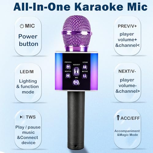 Wireless Bluetooth Karaoke Microphone for Kids & Adults, Singing Mic with Disco Lights, Voice Changer, Built-in Speaker, Portable Karaoke Player for Party & Travel Gifts(Purple) - color: purple