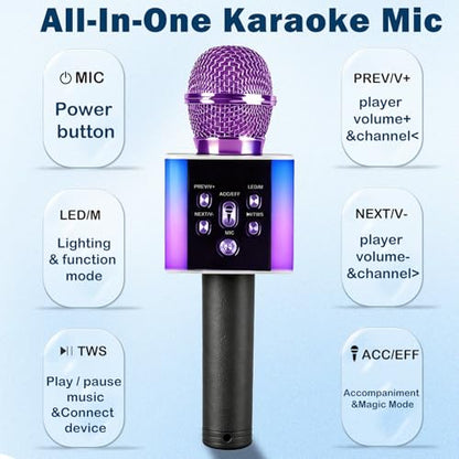 Wireless Bluetooth Karaoke Microphone for Kids & Adults, Singing Mic with Disco Lights, Voice Changer, Built-in Speaker, Portable Karaoke Player for Party & Travel Gifts(Purple) - color: purple
