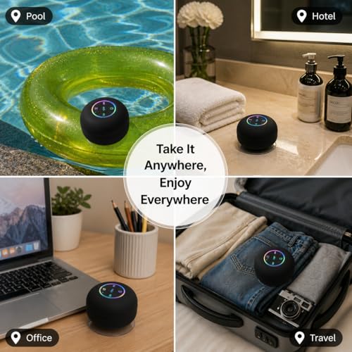 Bluetooth Shower Speaker with LED – Portable Wireless Mini Speaker with Mic & Suction Cup, IPX4 Water Resistant for Shower, Travel, Pool, River Floating, and Outdoor Fun (Black) - color: Black