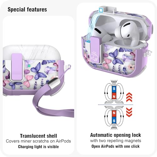 WENEW Case for AirPods Pro & Pro 2 Case Cover Secure Lock Automatic Snap Switch Clip Cleaner Kit Lanyard Women Stylish Hard Shell Full Body Front LED Visible (Purple Butterfly, AirPods Pro & Pro 2) - color: Purple Butterfly, size: AirPods Pro & Pro 2