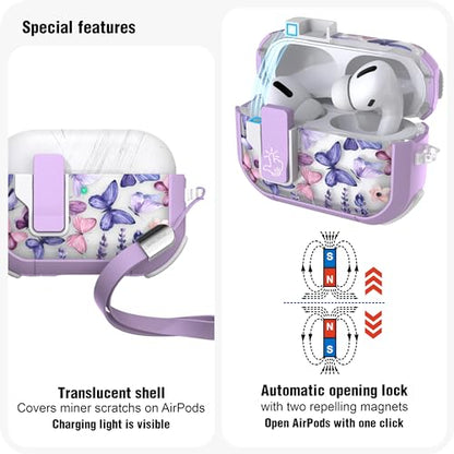 WENEW Case for AirPods Pro & Pro 2 Case Cover Secure Lock Automatic Snap Switch Clip Cleaner Kit Lanyard Women Stylish Hard Shell Full Body Front LED Visible (Purple Butterfly, AirPods Pro & Pro 2) - color: Purple Butterfly, size: AirPods Pro & Pro 2